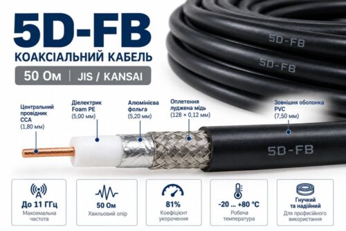Коаксіальний кабель 5D-FB 50 Ом, луджена мідь Коаксіальний кабель 5D-FB 50 Ом, луджена мідь
