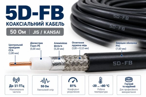 Коаксіальний кабель 5D-FB 50 Ом, луджена мідь Коаксіальний кабель 5D-FB 50 Ом, луджена мідь